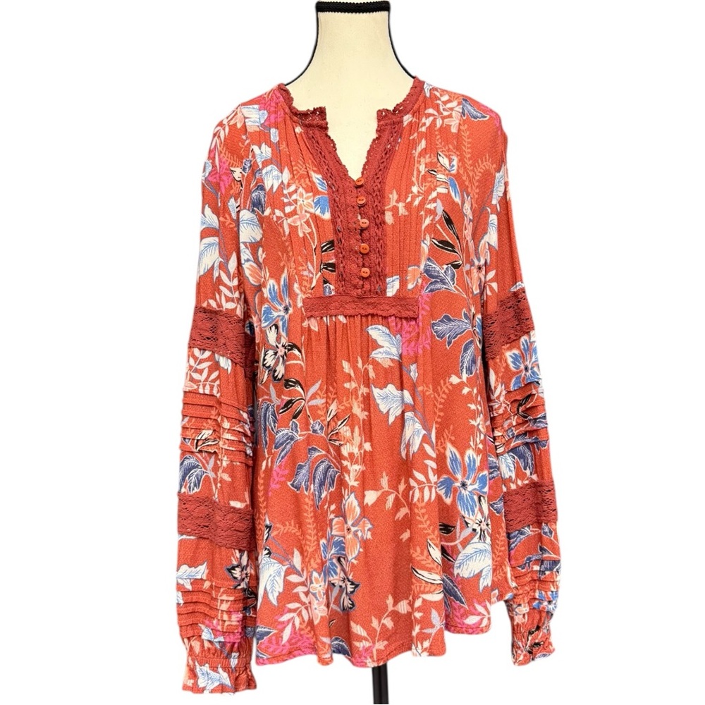Sundance Rust Floral Lace Peasant Blouse Size Large Boho Peasant Blouse - Picture 4 of 11
